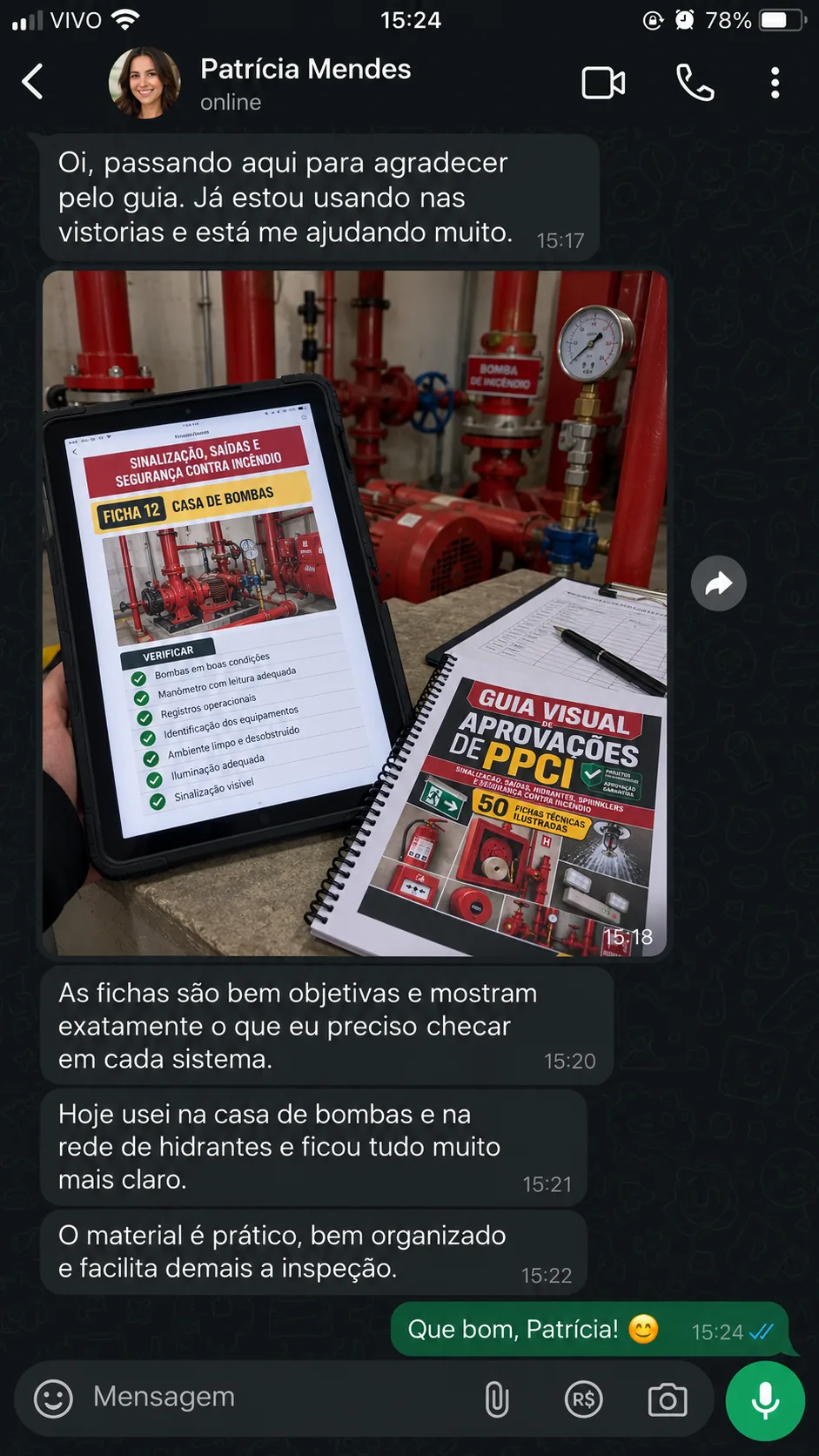 Print de conversa: cliente relatando uso do Guia Visual de PPCI nas vistorias