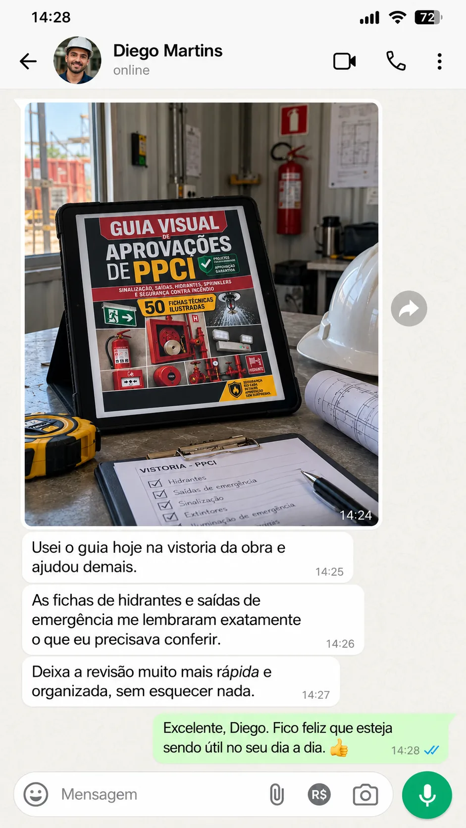 Print de conversa: cliente relatando uso do Guia Visual de PPCI na vistoria de obra