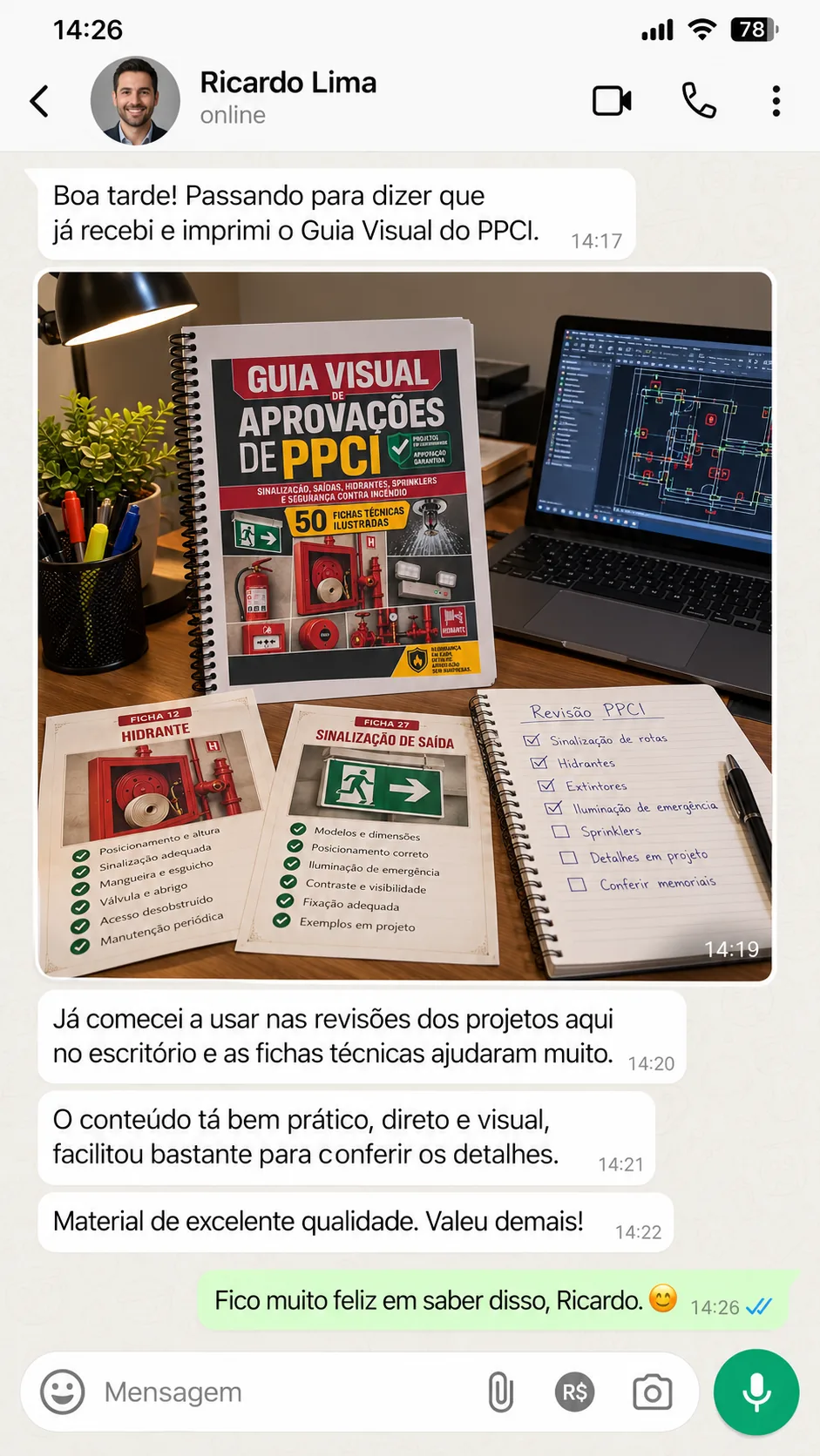 Print de conversa: cliente relatando uso do Guia Visual de PPCI