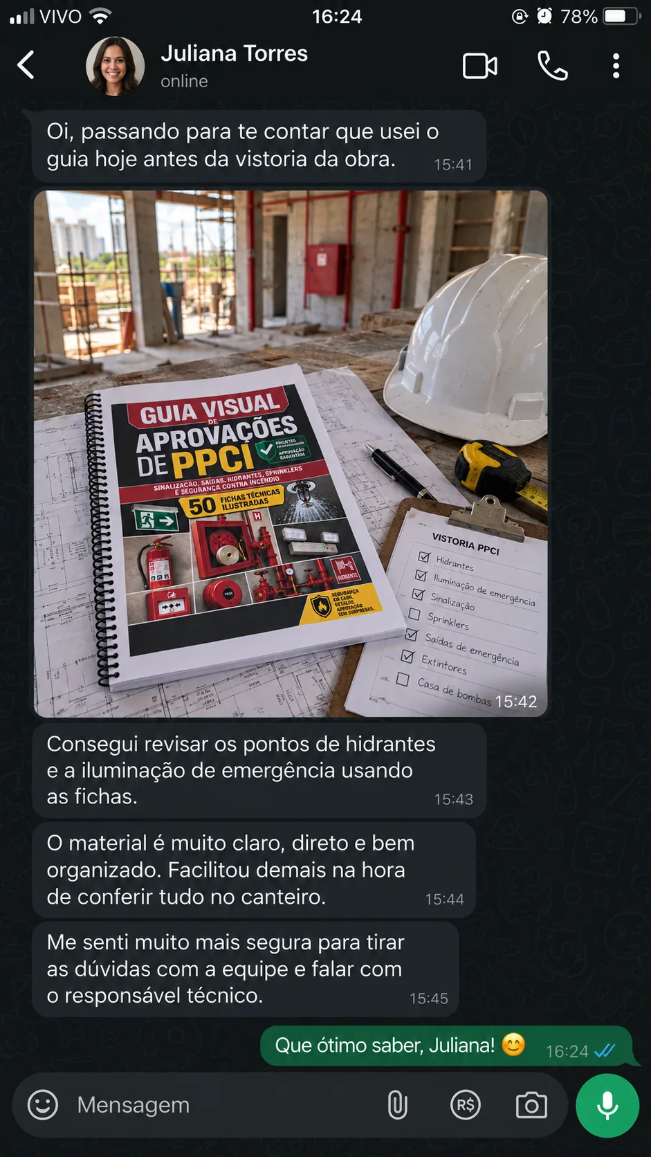 Print de conversa: cliente relatando uso do Guia Visual de PPCI
