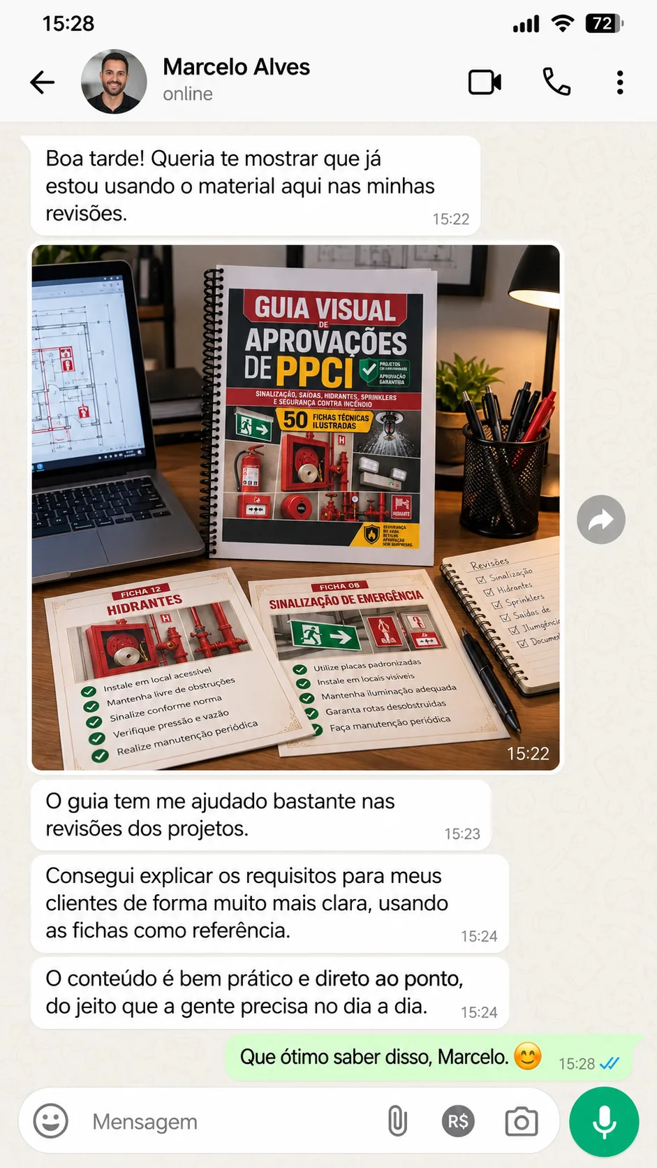 Print de conversa: cliente relatando uso do Guia Visual de PPCI